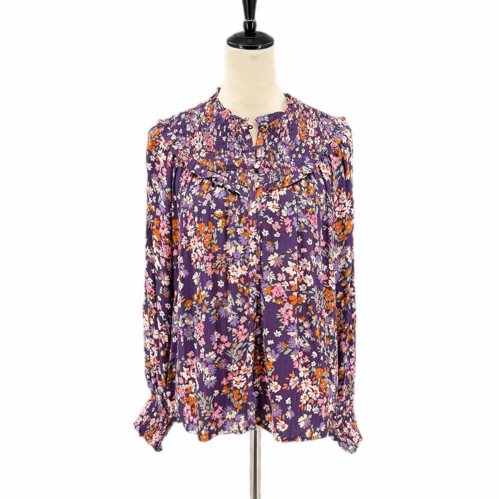 Karlie Purple Floral Gold Metallic Ruffle Smocked Boho Chic Work Fall Blouse Top